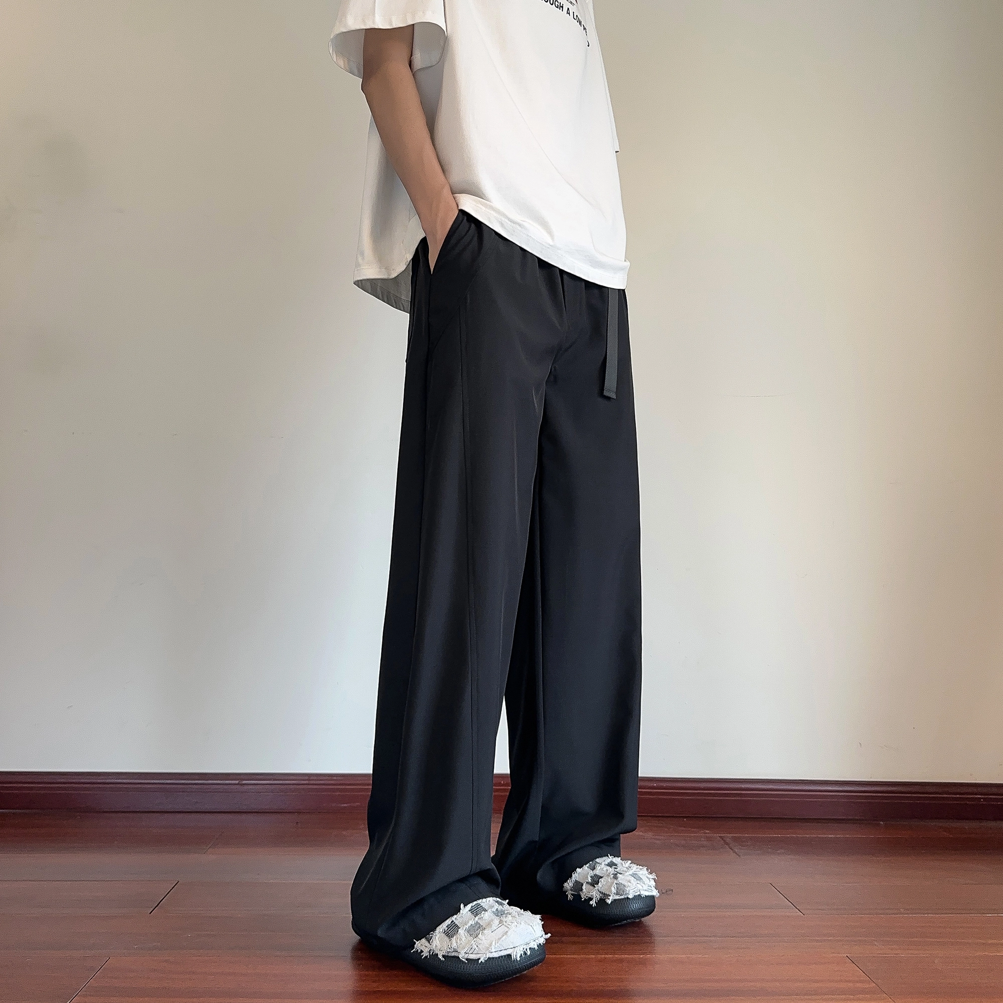哲源 简约纯色拼接设计冰丝弯刀裤宽松大码直筒垂感阔腿裤百搭舒适通勤飘带设计薄款透气运动休闲裤 男女同款