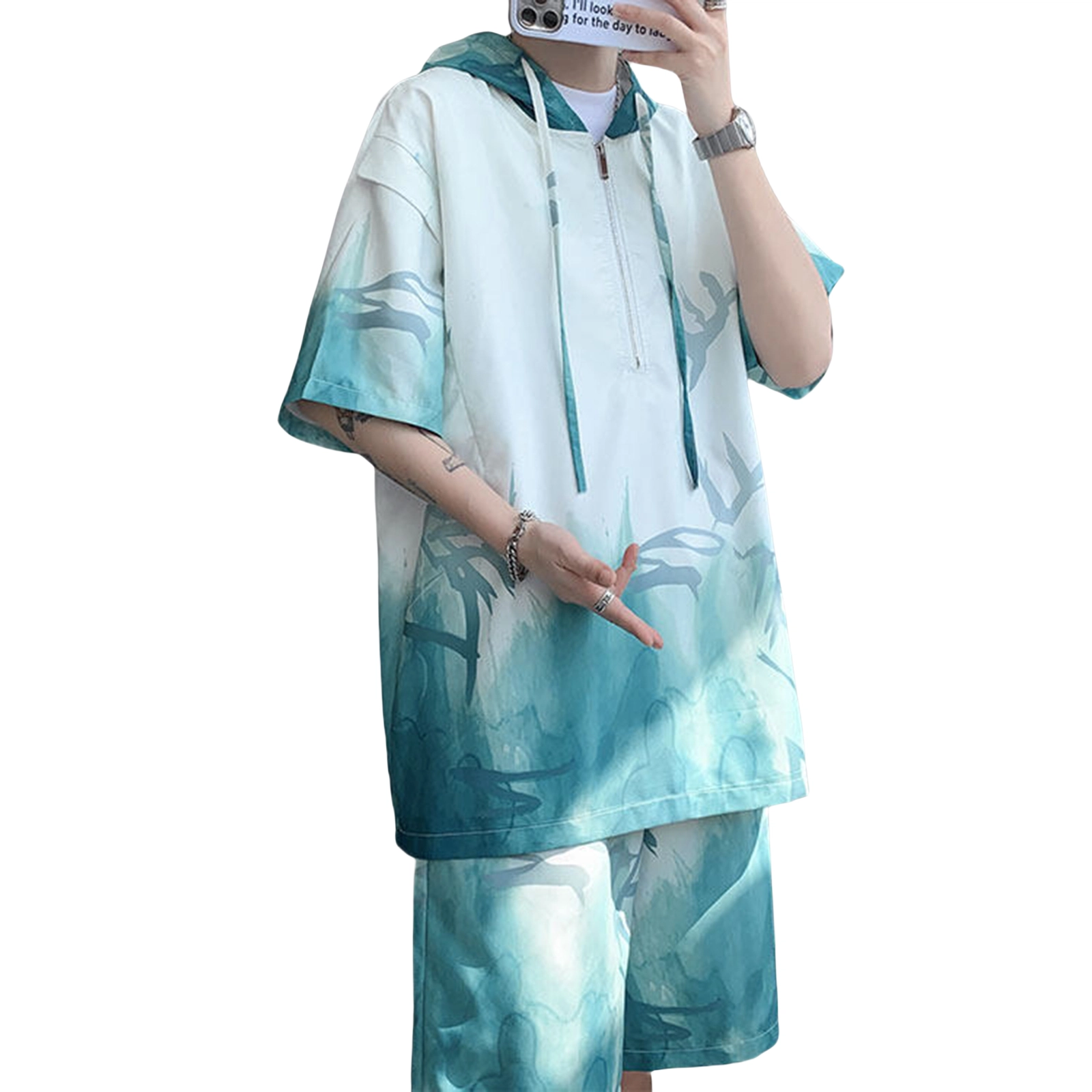 哲源 新中式国风潮流设计小众时尚个性痞帅宽松简约高级感扎染连帽短袖舒适凉感百搭短裤休闲运动套装 男女同款
