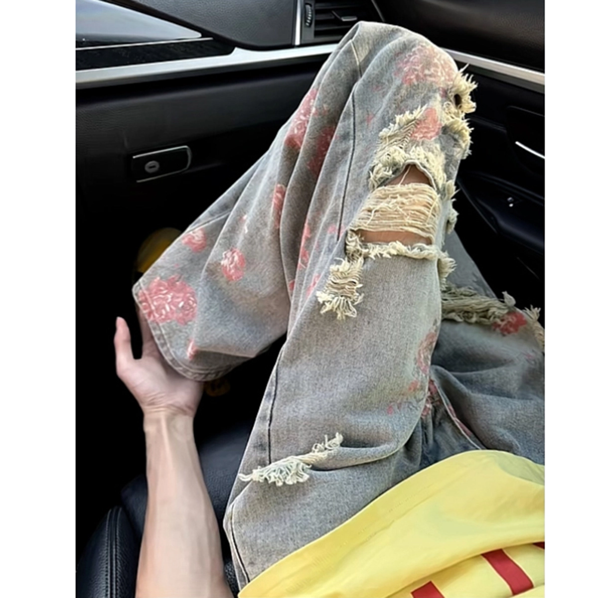 哲源 美式复古高街玫瑰花设计感显高显瘦裤子痞帅炸街日常通勤嘻哈风无性别主义阔腿直筒微喇破洞牛仔裤 男女同款