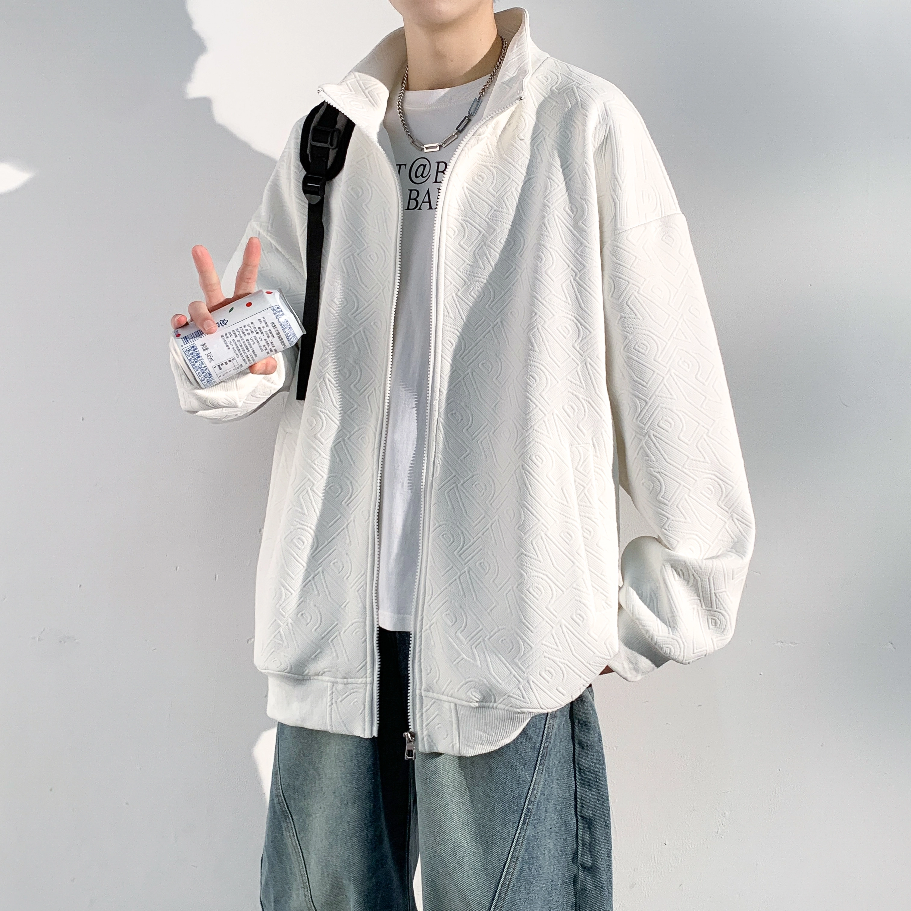 哲源 美式高街复古学院风少年感外套提花满印字母螺纹袖口开衫拉链设计感潮牌百搭宽松舒适时尚休闲夹克 男女同款