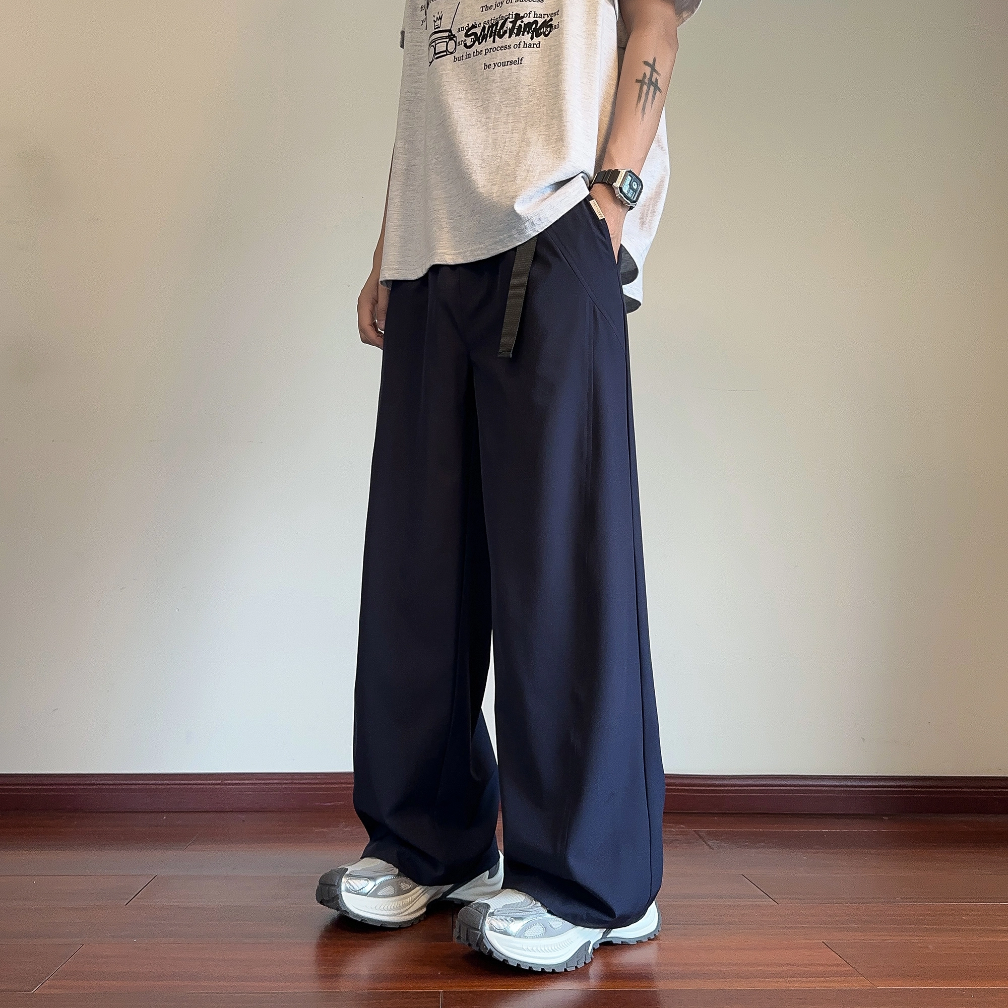 哲源 简约纯色拼接设计冰丝弯刀裤宽松大码直筒垂感阔腿裤百搭舒适通勤飘带设计薄款透气运动休闲裤 男女同款