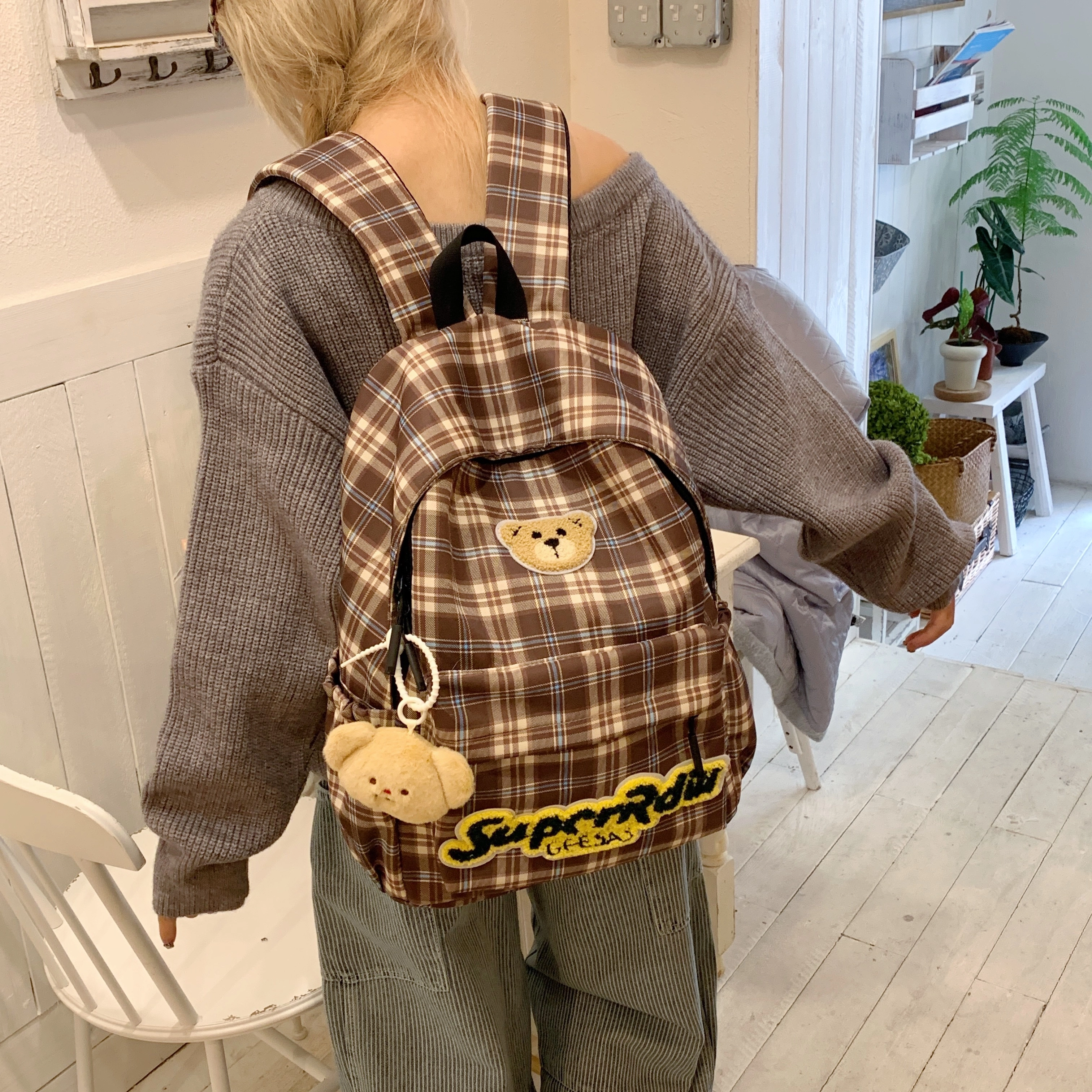 垣途者 日系可爱小熊格子 布 双肩包 女款 红色/棕色/豹纹