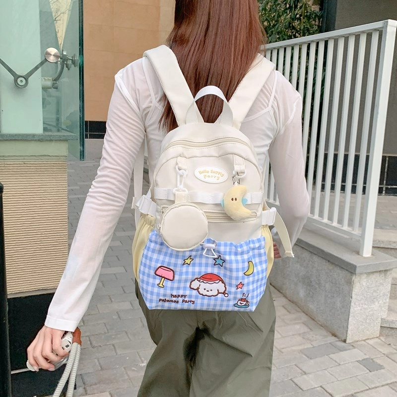 垣途者 日系小清新可爱甜学生 尼龙 双肩包 女款 白色蓝格子