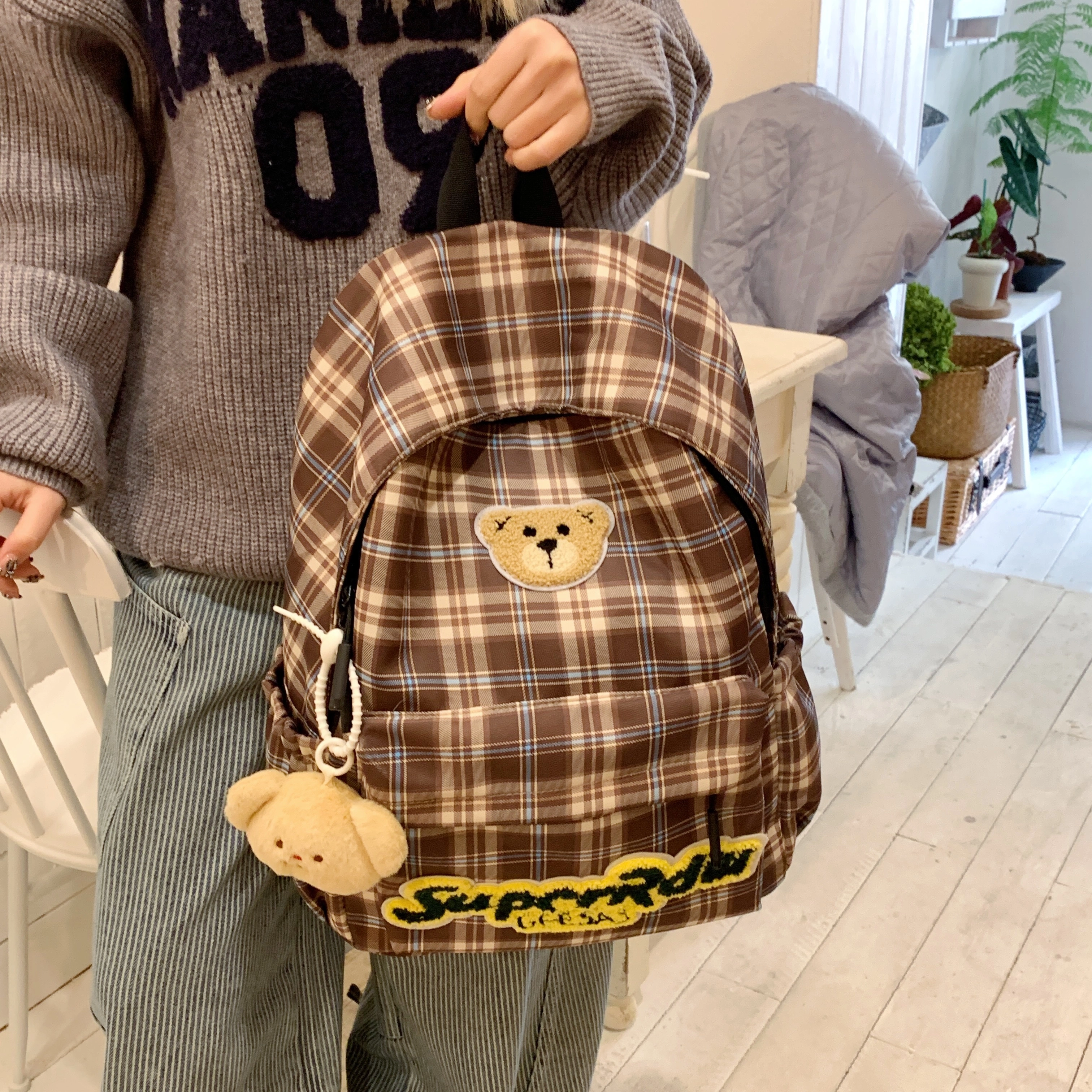 垣途者 日系可爱小熊格子 布 双肩包 女款 红色/棕色/豹纹