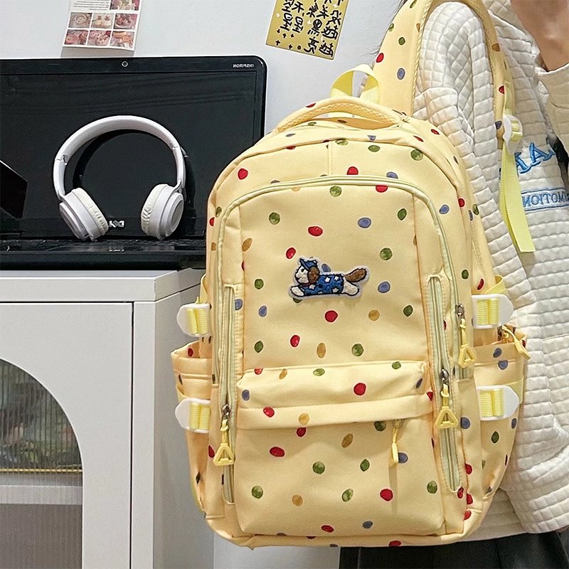 垣途者 日系可爱波点简约 尼龙 双肩包 女款 白色/黄色