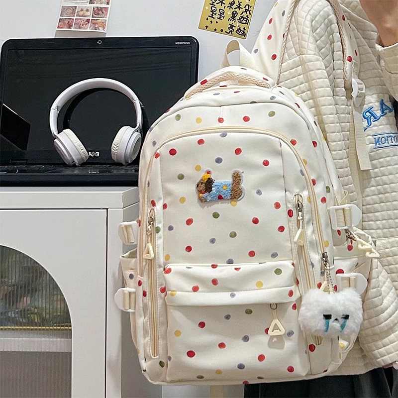垣途者 日系可爱波点简约 尼龙 双肩包 女款 白色/黄色