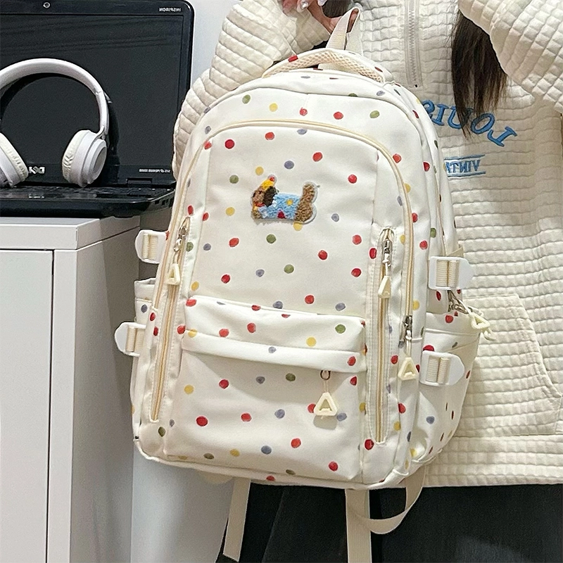 垣途者 日系可爱波点简约 尼龙 双肩包 女款 白色/黄色