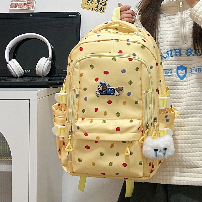 垣途者 日系可爱波点简约 尼龙 双肩包 女款 白色/黄色