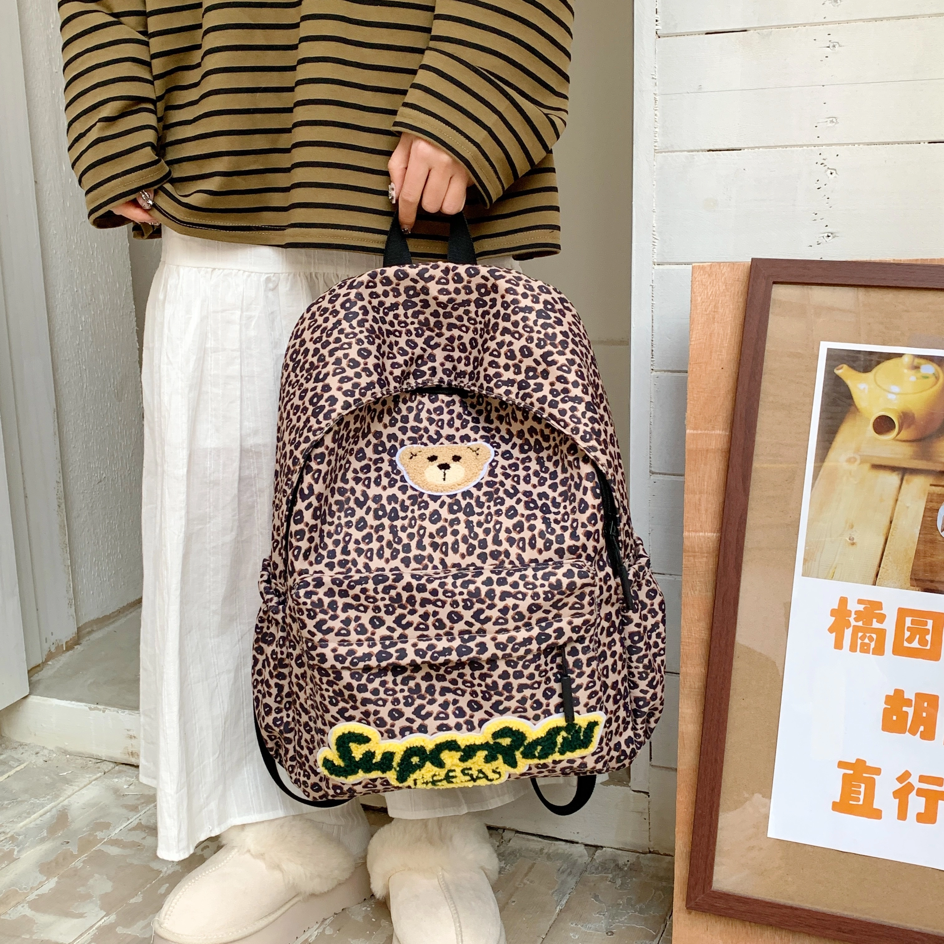垣途者 日系可爱小熊格子 布 双肩包 女款 红色/棕色/豹纹