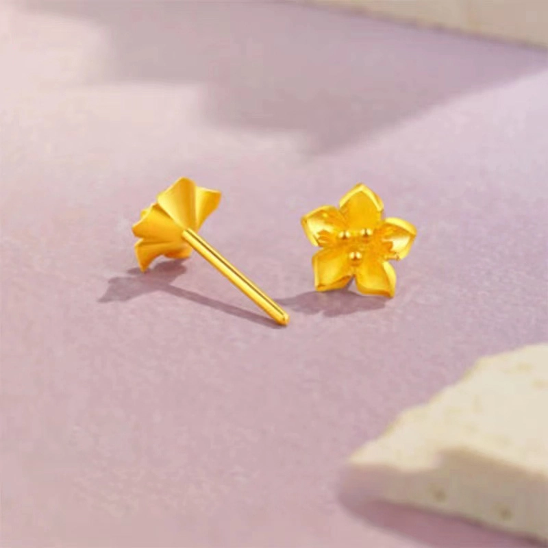 鸳鸯金楼 唯美桃花耳饰  浪漫心动花卉精致轻奢 设计  森系小清新甜   个性大气优雅气质 足金 按克计价 黄金耳钉 女款