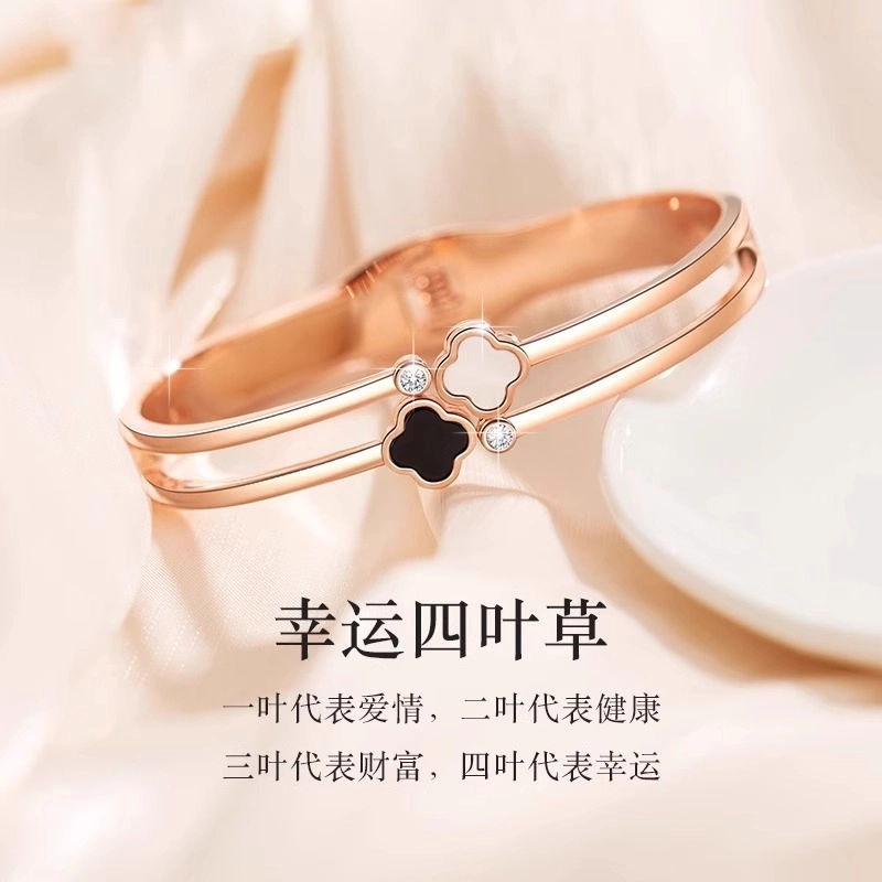 纪铂梵 幸运四叶草法式简约 镶锆轻奢气质百搭轻奢小众幸运守护原创设计精致耐看 钛钢 手镯 女款