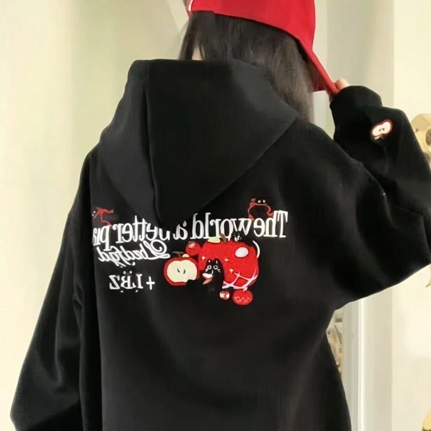 寻星记 高街韩版小众设计感卡通情侣连帽毛巾绣苹果小猫刺绣宽松外套卫衣 男女同款