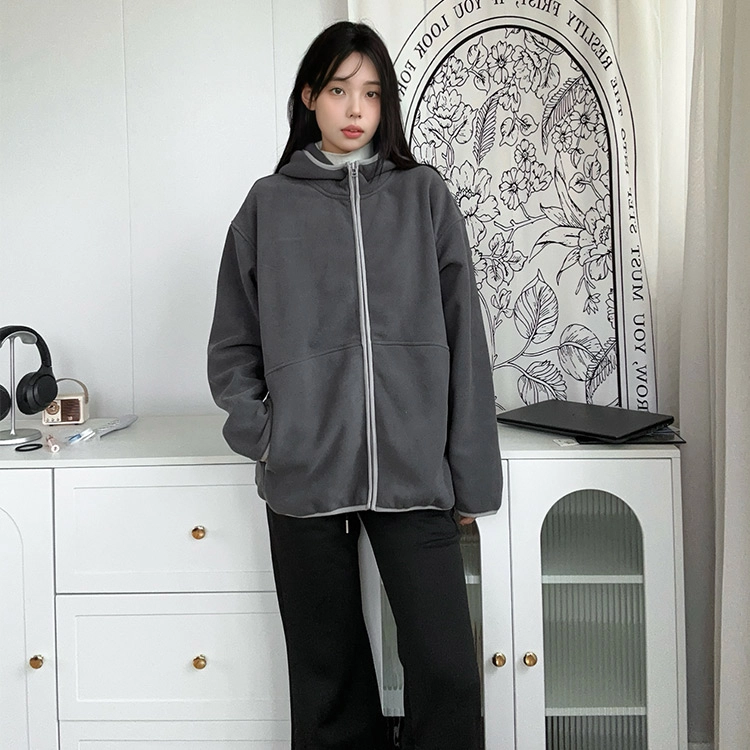 重磅基础 重磅撞色连帽开衫拉链长袖卫衣 男女同款