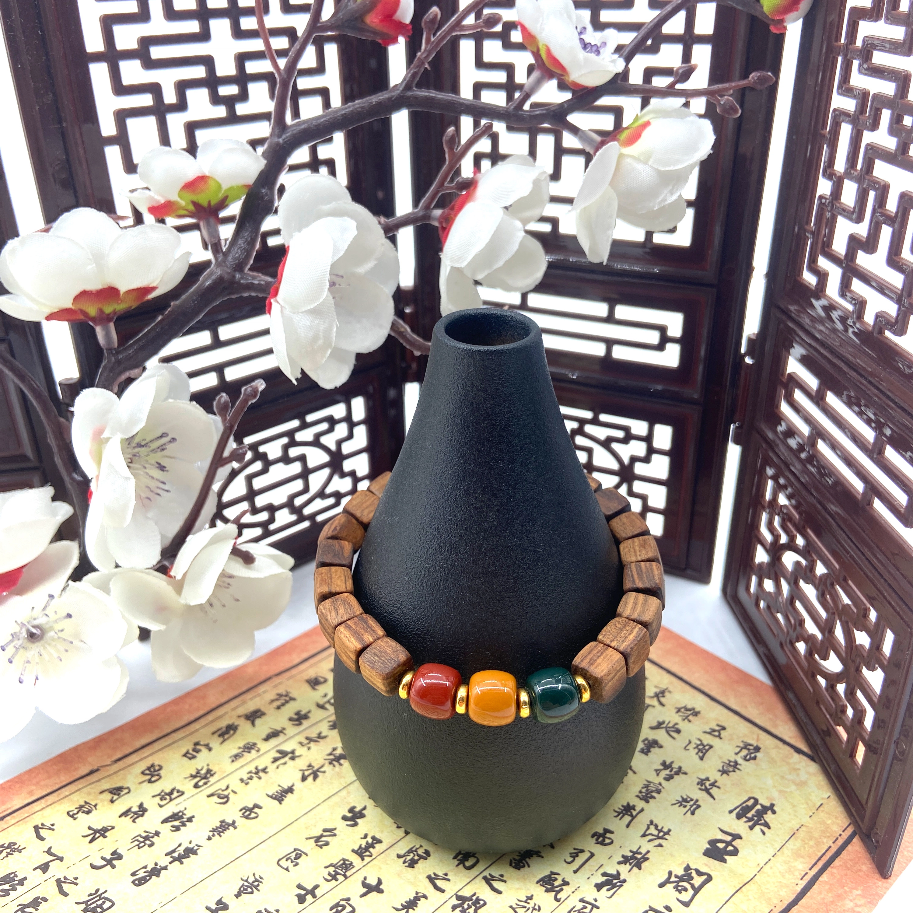 耳玺 新中式国潮纳福招财文玩复古转运珠生日好运礼小众创意考公考研上岸转运三色珠 花梨木 木作手串 男女同款情侣款