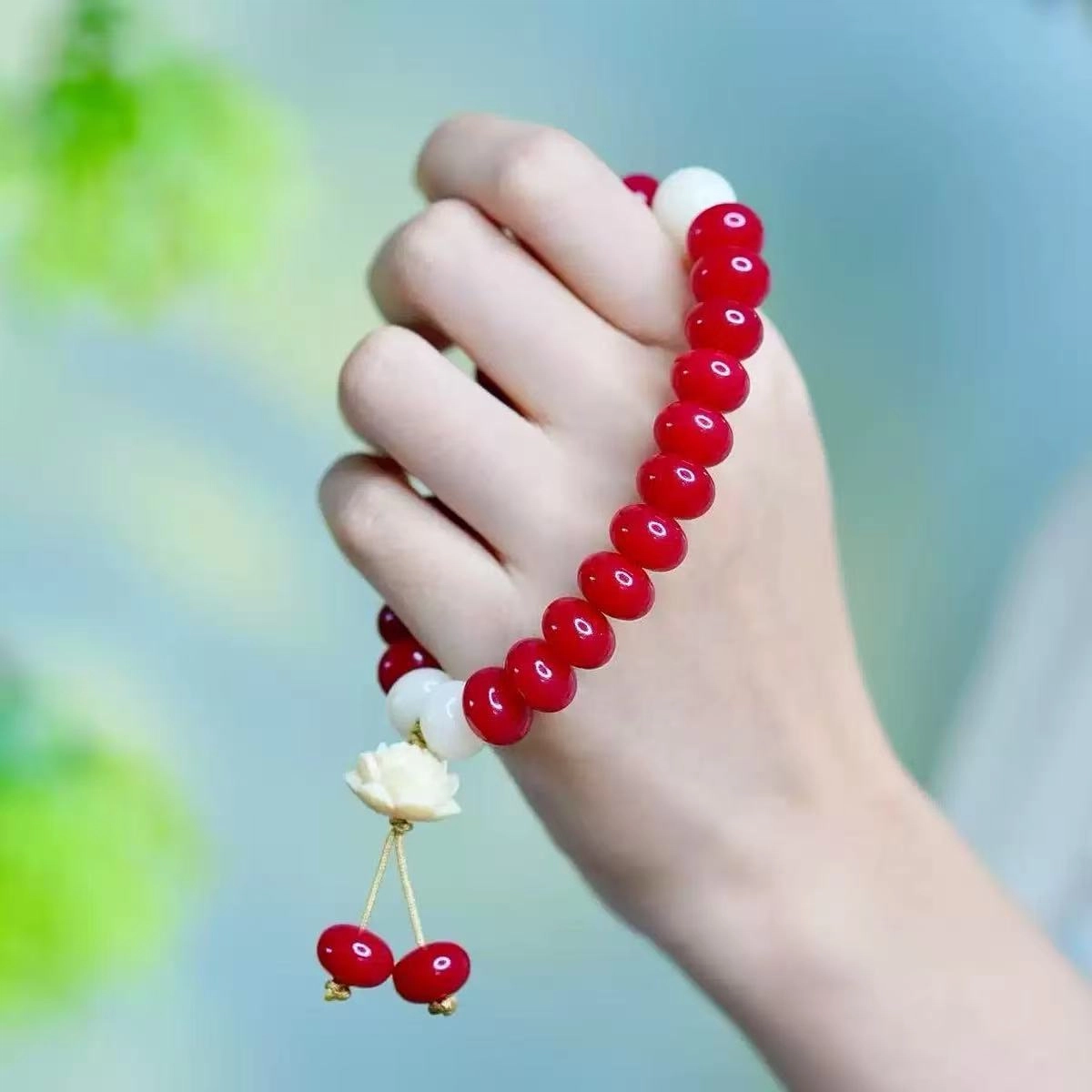 耳玺 红运当头红色转运莲花民族风文玩复古文玩小众设计好运连连#好运 菩提根 手串 男女同款情侣款
