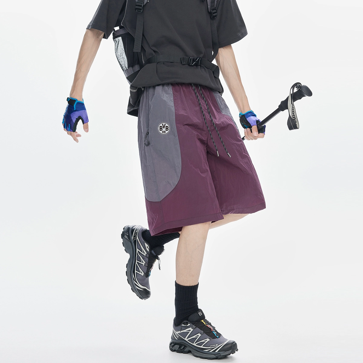 普鲁士多特蒙德 户外撞色拼接大口袋速干抽绳休闲短裤 男女同款