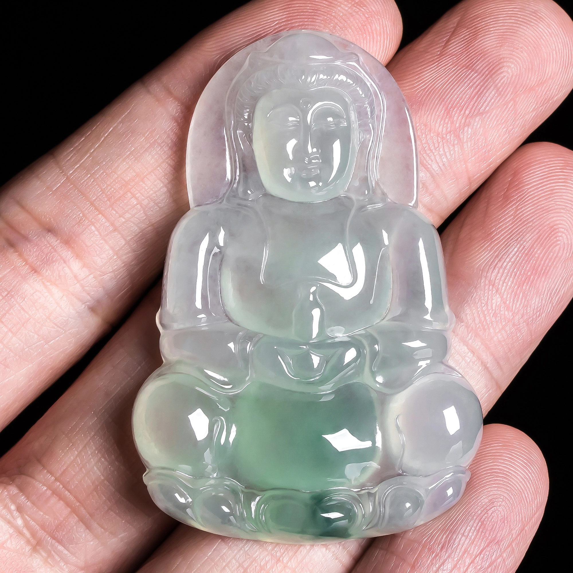 丽玉福 老坑浅绿胶感精雕正装观音 糯种 翡翠吊坠 男款