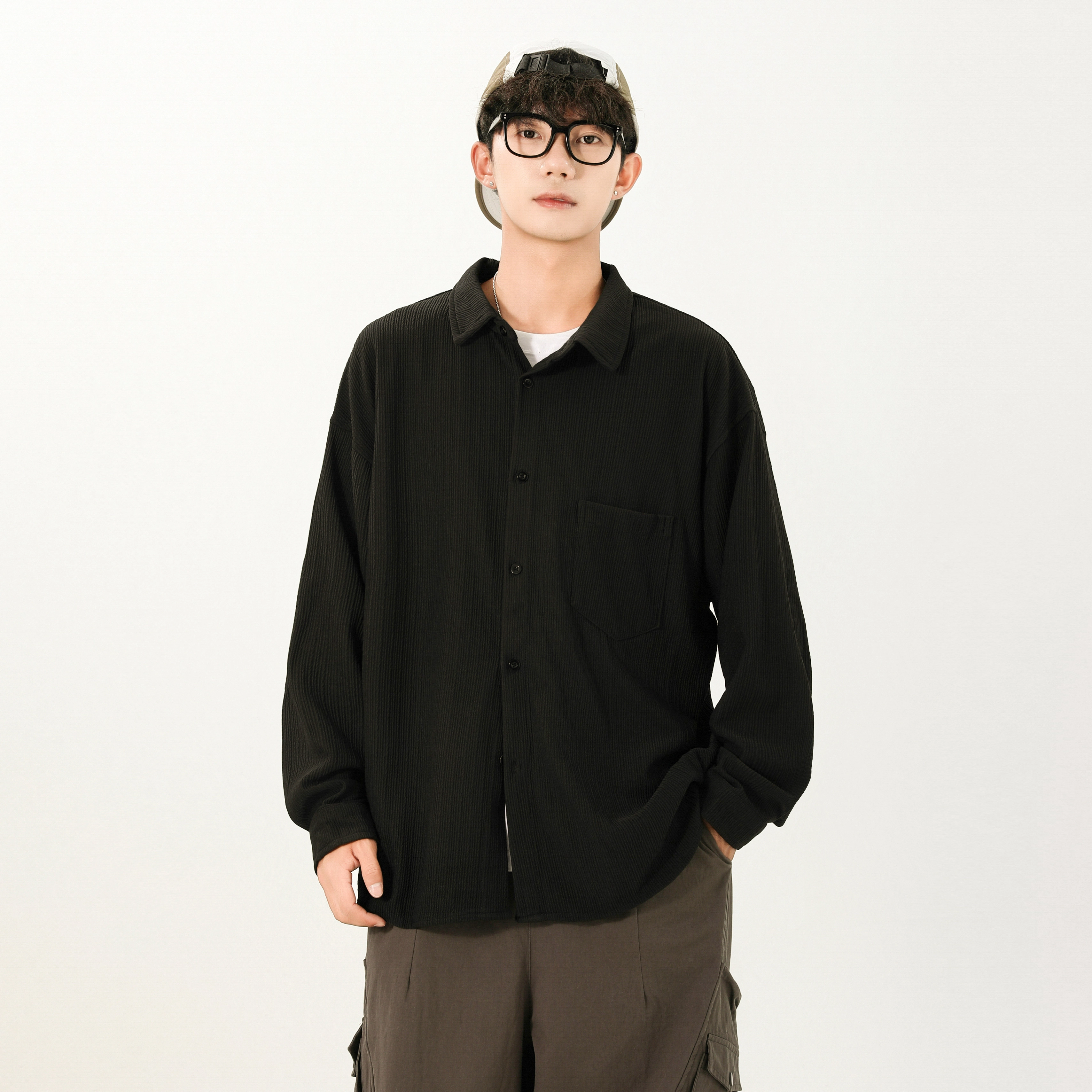 头号青年 美式学院风条纹褶皱宽松单排扣落肩百搭透气长袖衬衫 男女同款
