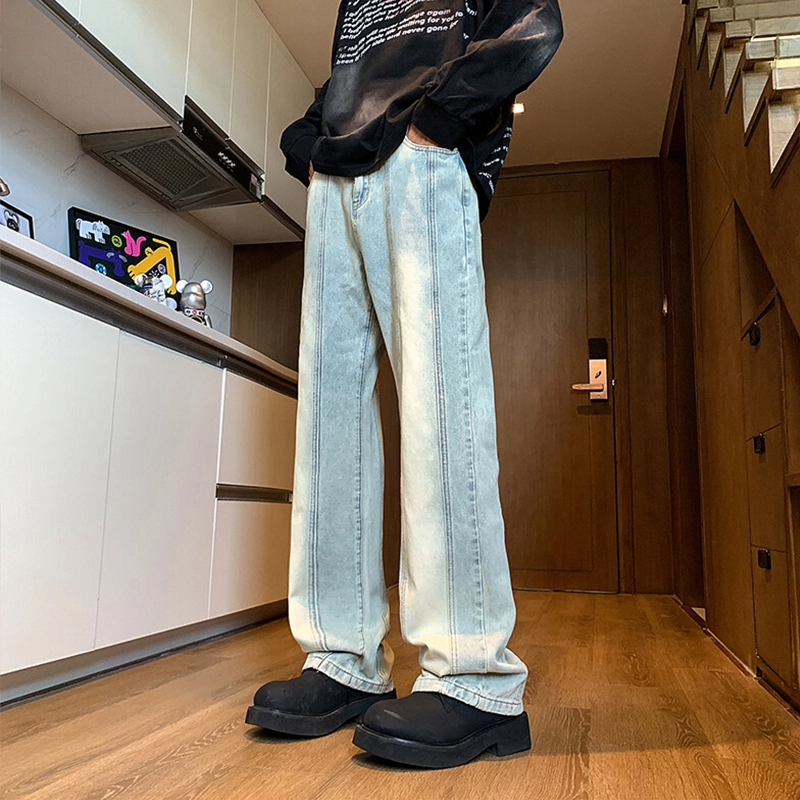 拾个壹先生 美式复古高街潮牌重工水洗扎染做旧拼接直筒工装休闲宽松风格经典牛仔裤 男女同款