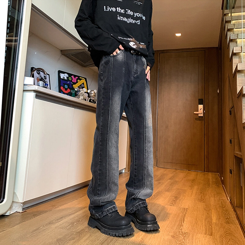 拾个壹先生 美式复古高街潮牌重工水洗扎染做旧拼接直筒工装休闲宽松风格经典牛仔裤 男女同款