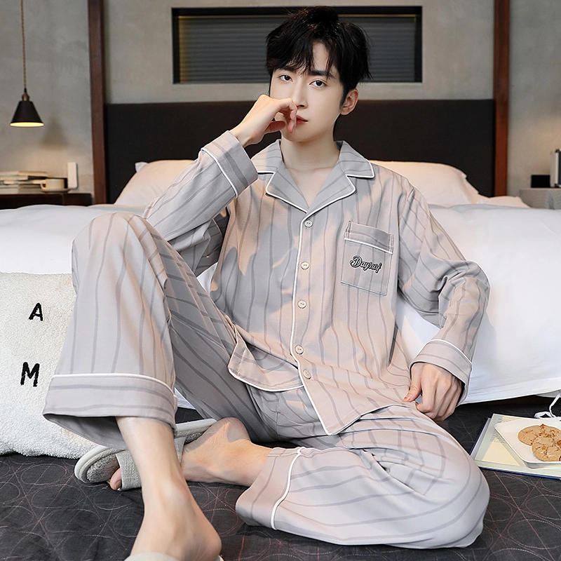 芬腾可安 时尚条纹开衫长袖长裤可外穿家居服睡衣套装 男款 图色