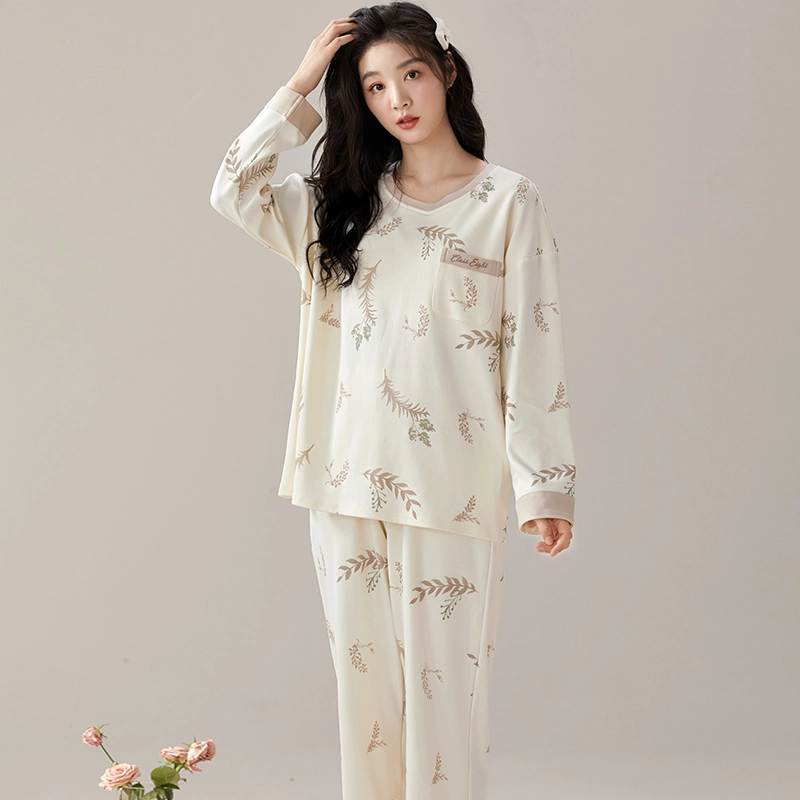 芬腾可安 家居服高级感带胸垫长袖长裤可外穿休闲睡衣套装 女款 图色