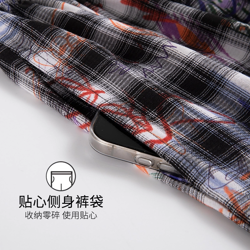 芬腾可安 女夏季薄款带胸垫全棉三件套家居服可爱卡通纯棉格子短袖短裤长裤可外穿学生舒适睡衣套装 女款
