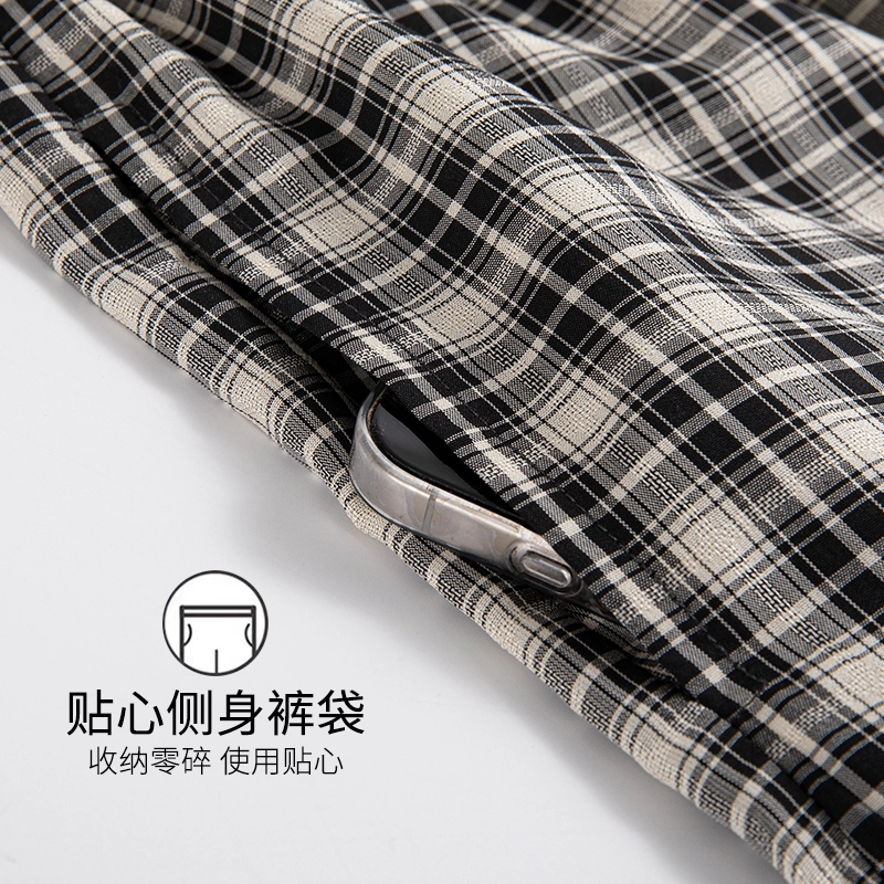 芬腾可安 带胸垫薄款全棉三件套家居服卡通纯棉短袖格子短裤长裤可外穿睡衣套装 女款