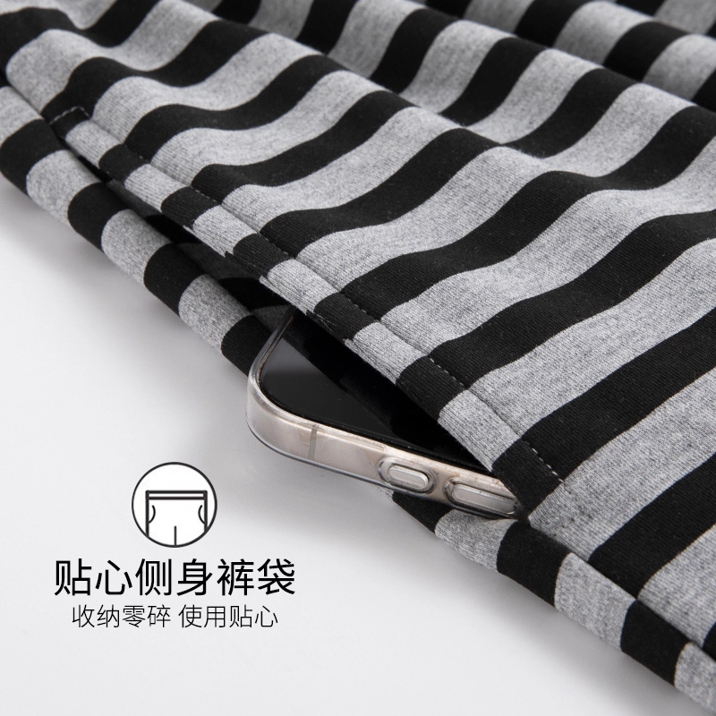 芬腾可安 女夏季薄款带胸垫全棉三件套家居服卡通纯棉短袖条纹短裤长裤可外穿舒适透气睡衣套装 女款
