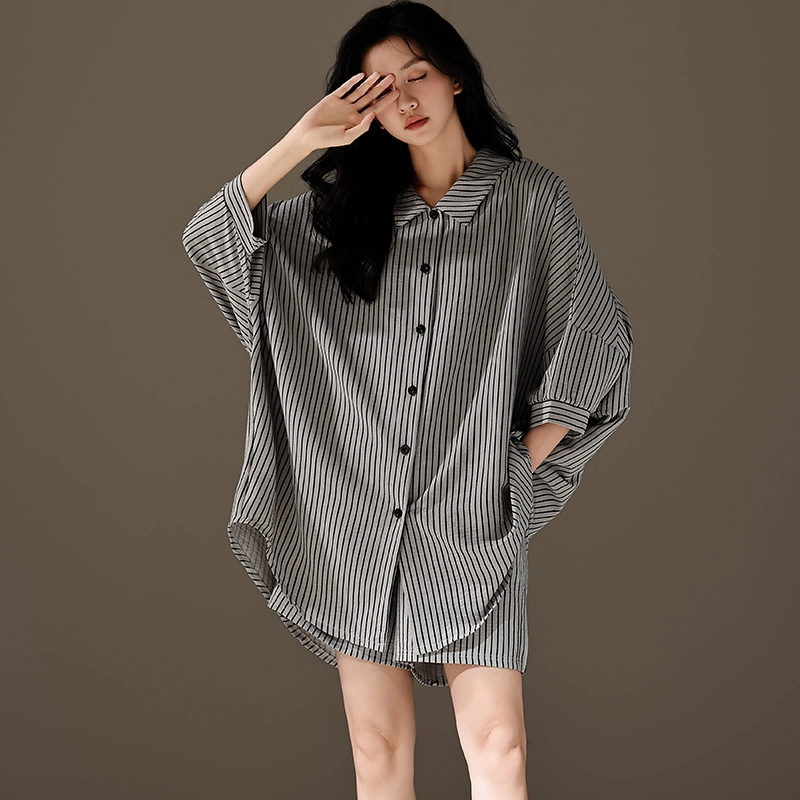 芬腾可安 韩版简约条纹可外穿七分袖长裤睡衣套装 女款 深灰