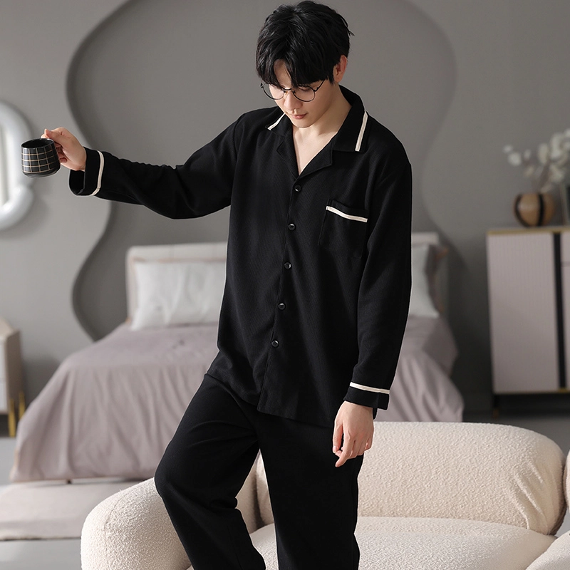 芬腾可安 男春秋季舒适家居服韩版高级感开衫透气长袖长裤可外穿青年大码休闲睡衣套装 男款