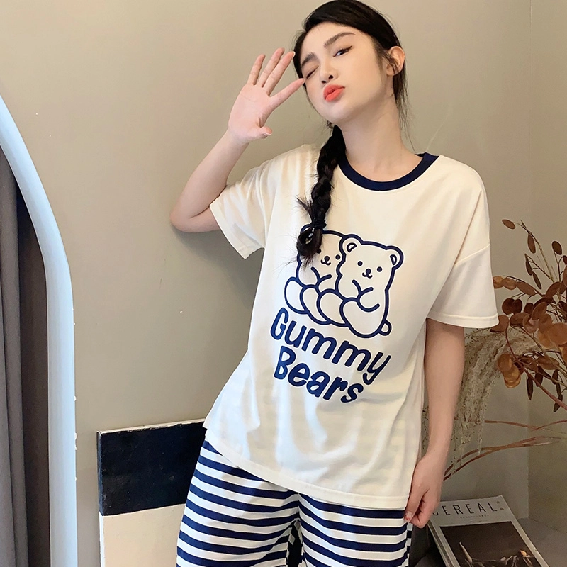 芬腾可安 女夏带胸垫薄款针织棉家居服卡通套头短袖短裤长裤可外穿三件套睡衣套装 女款