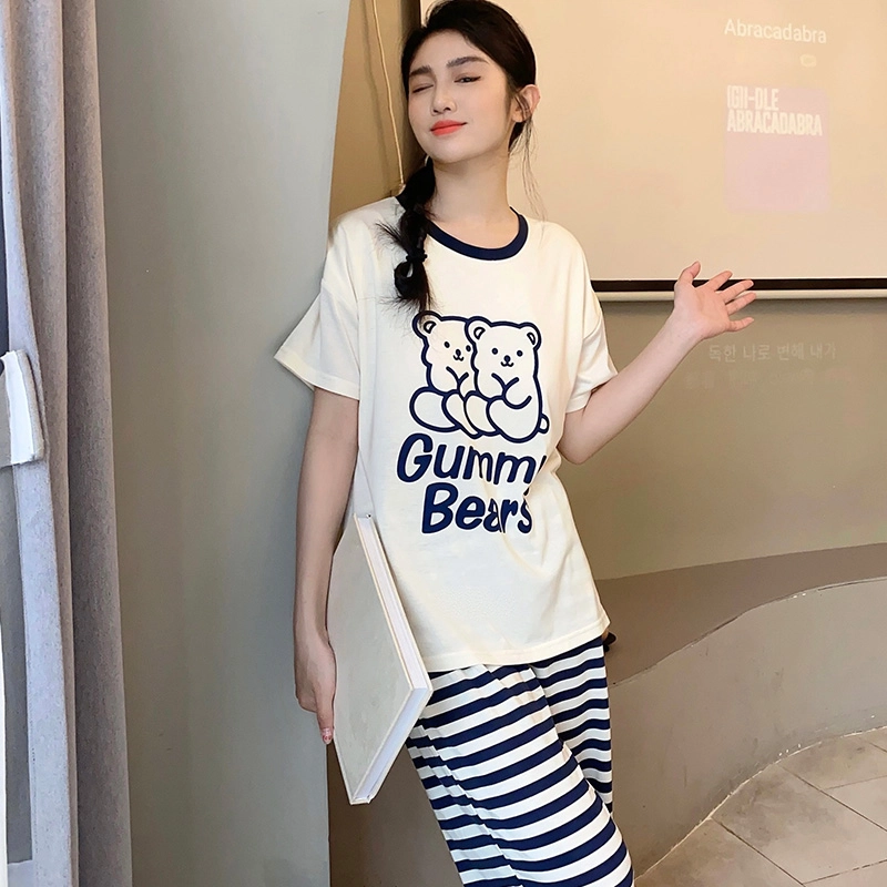 芬腾可安 女夏带胸垫薄款针织棉家居服卡通套头短袖短裤长裤可外穿三件套睡衣套装 女款
