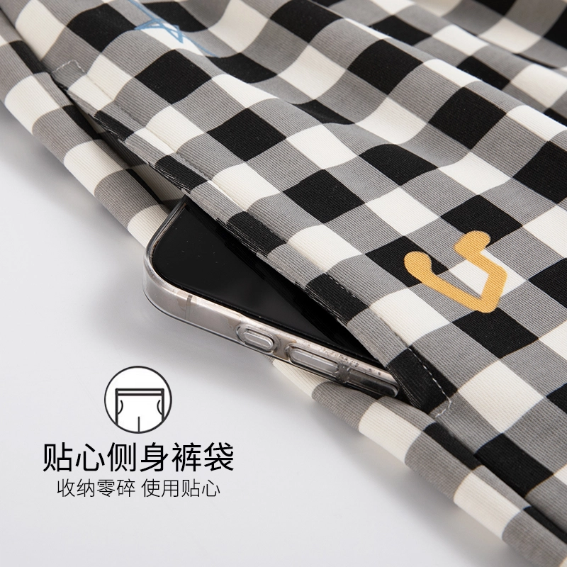 芬腾可安 女夏季薄款带胸垫全棉三件套家居服可爱卡通纯棉格子短袖短裤长裤可外穿学生睡衣套装 女款