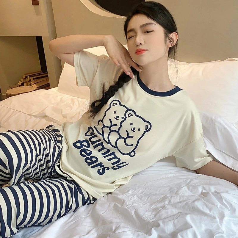 芬腾可安 女夏带胸垫薄款针织棉家居服卡通套头短袖短裤长裤可外穿三件套睡衣套装 女款