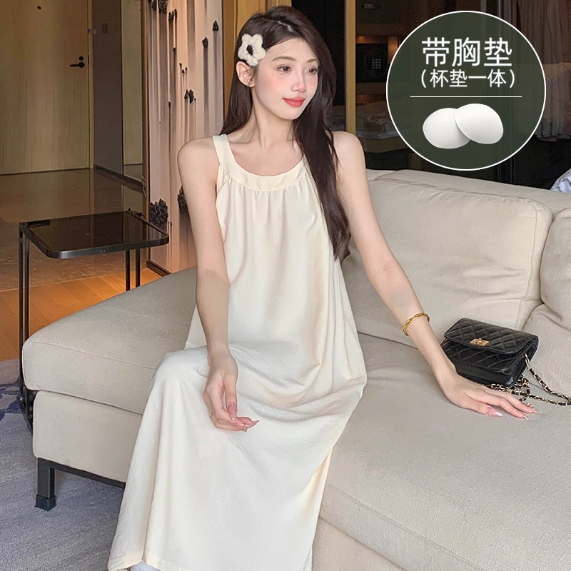 芬腾可安 带胸垫家居服韩版白月光挂脖式吊带中长款可外穿无袖透气夏季睡裙 女款