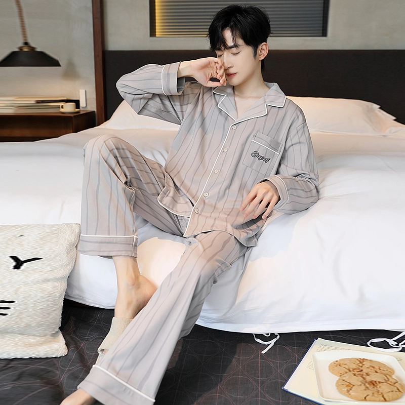 芬腾可安 时尚条纹开衫长袖长裤可外穿家居服睡衣套装 男款 图色