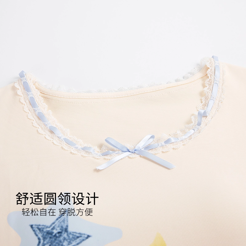 芬腾可安 女夏季薄款带胸垫全棉三件套家居服甜美少女卡通纯棉短袖格子短裤长裤可外穿透气睡衣套装 女款