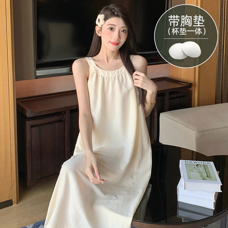 芬腾可安 带胸垫家居服韩版白月光挂脖式吊带中长款可外穿无袖透气夏季睡裙 女款