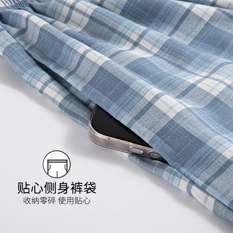 芬腾可安 女夏季带胸垫薄款全棉三件套家居服卡通韩版纯棉短袖格子短裤长裤可外穿学生睡衣套装 女款