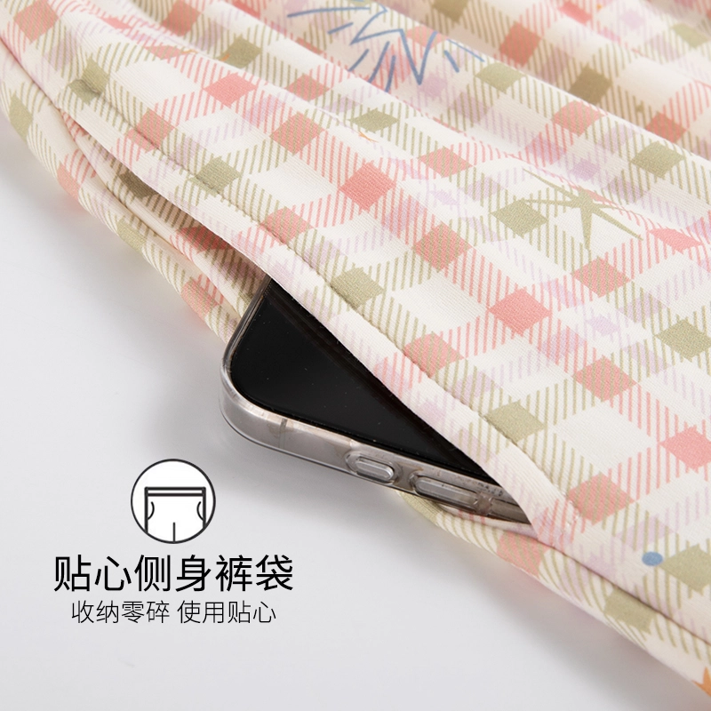 芬腾可安 女夏季薄款带胸垫全棉三件套家居服甜美少女卡通纯棉短袖格子短裤长裤可外穿透气睡衣套装 女款