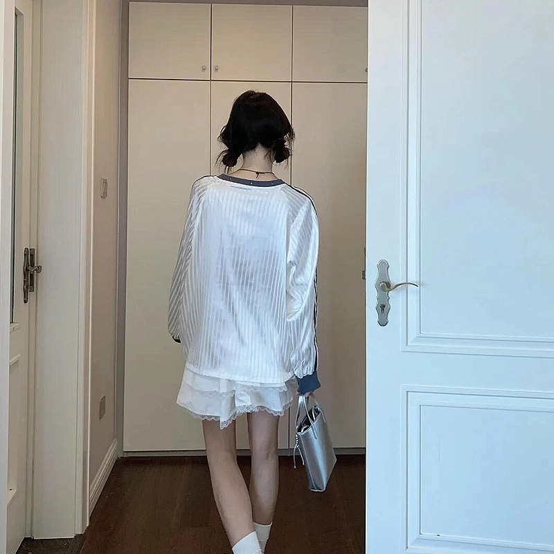 花蔓色 美式时尚休闲印花球衣可爱卡通长袖拼接插肩宽松卫衣 女款 白色 精美礼盒装