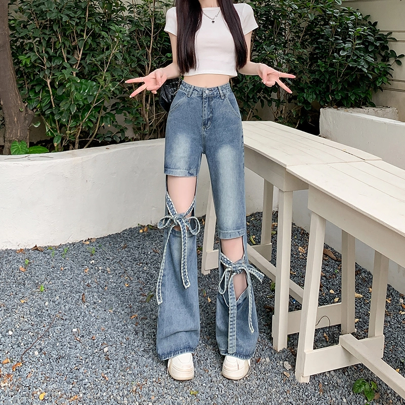 水中花 蝴蝶结镂空破洞设计感高腰显瘦牛仔裤 女款 蓝色