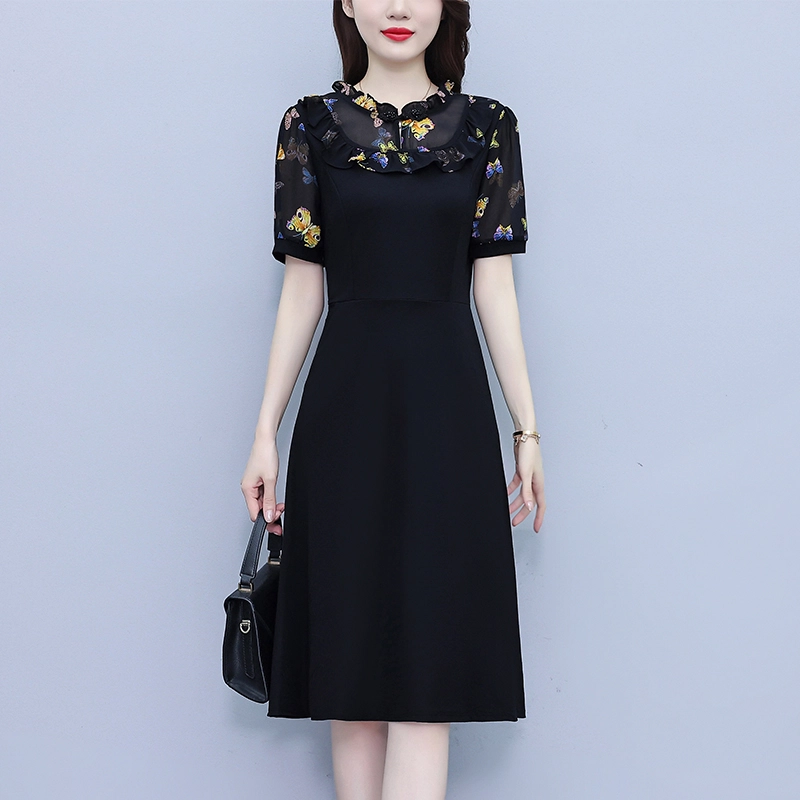 水中花 气质韩版显瘦时尚收腰裙子中年妈妈短袖连衣裙 女款