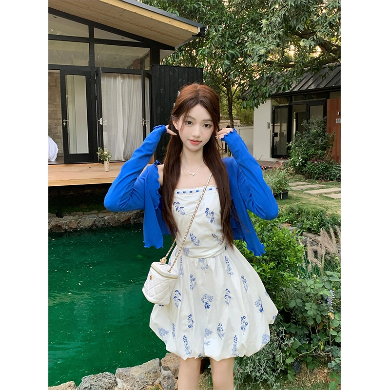 水中花 气质法式千金碎花显瘦欧若风小众花苞裙短款开衫裙装套装 女款