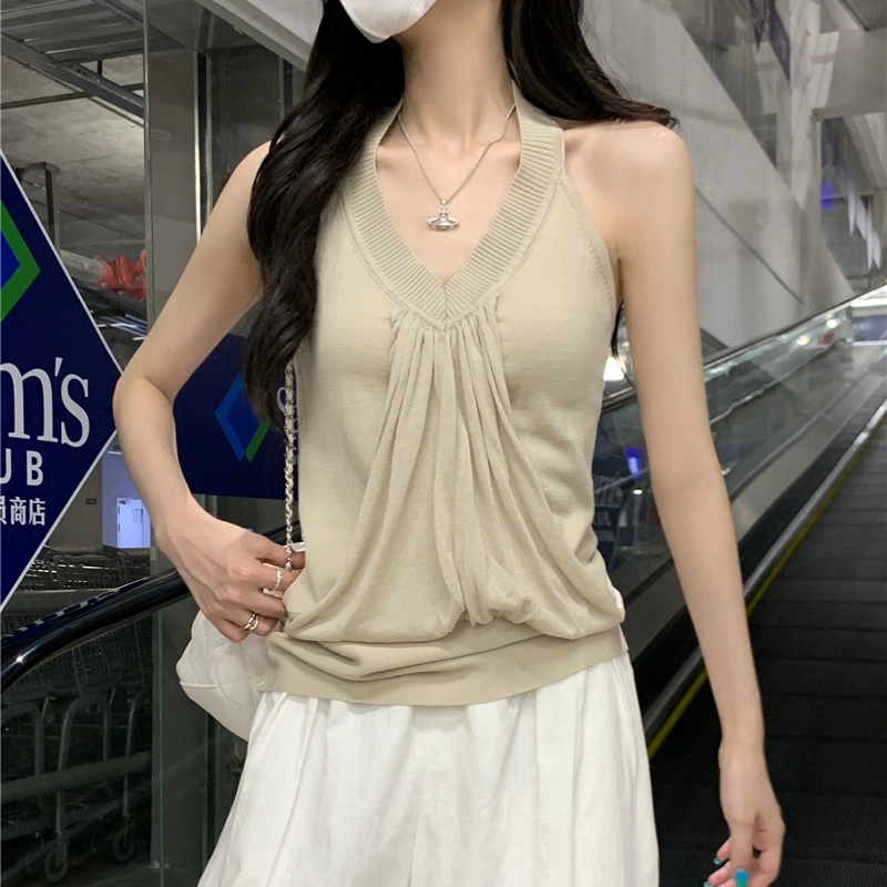 水中花 堆叠感无袖挂脖上衣背心女夏外穿吊带 女款