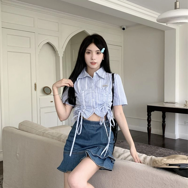 水中花 抽绳甜美设计感心机小众别致上衣短袖衬衫 女款