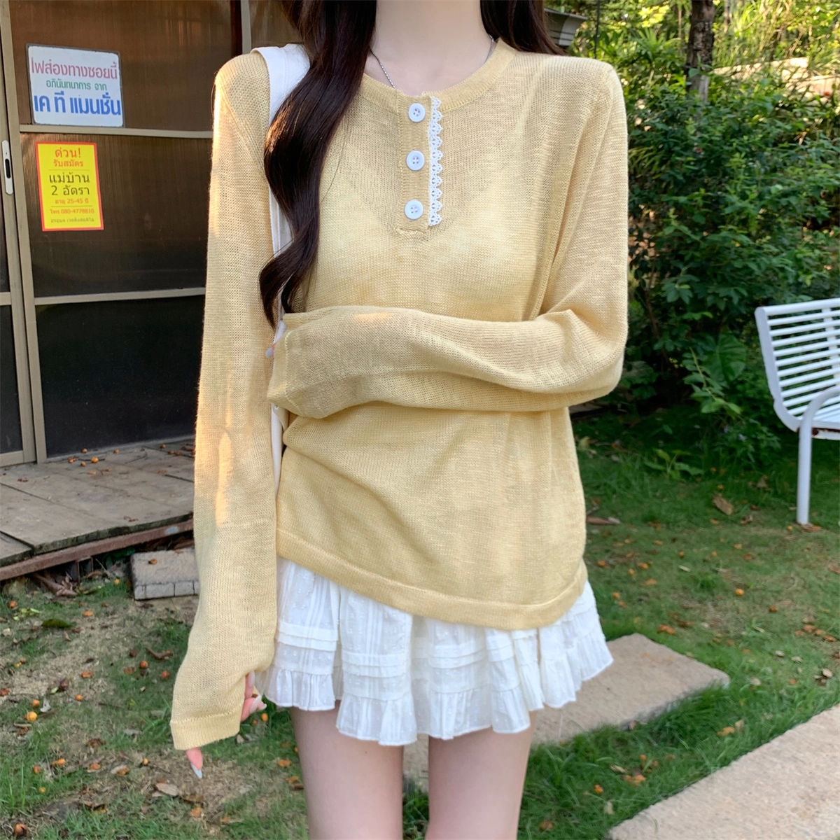 水中花 夏季韩版宽松甜美纽扣设计防晒可内搭罩衫上衣针织衫 女款