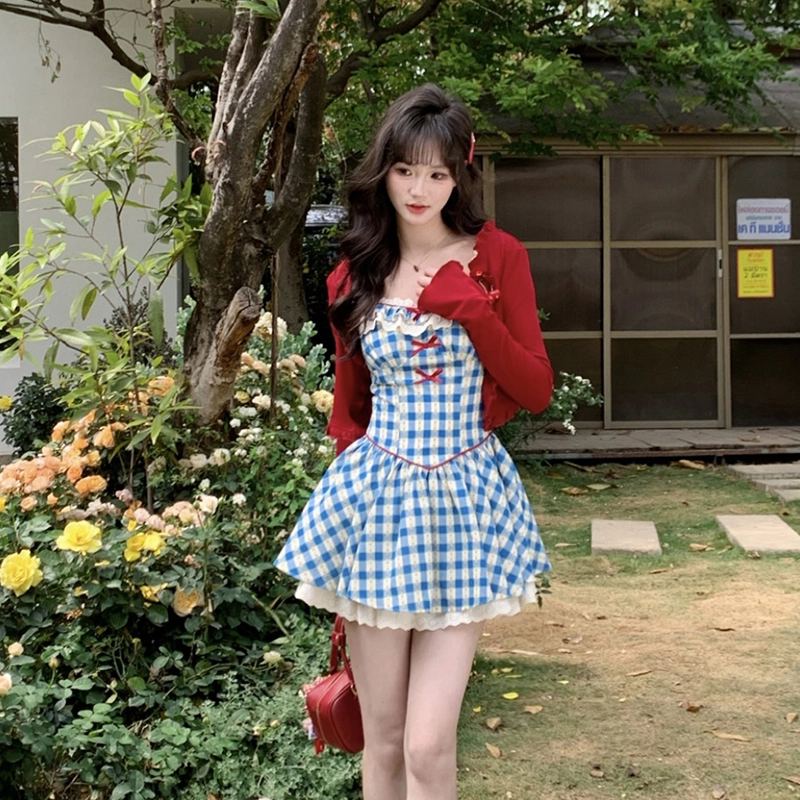 水中花 法式复古格子小飞袖高级感蓬蓬裙女吊带连衣裙 女款 蓝色