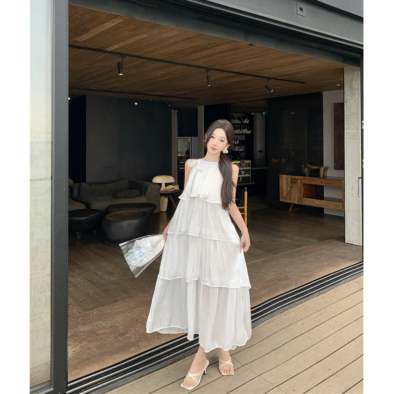 水中花 法式流光纱撞色蝴蝶结海边月光裙无袖连衣裙 女款